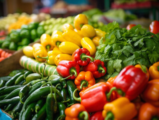 A closeup of a lively local market with a burst of colorful produce and lively atmosphere.