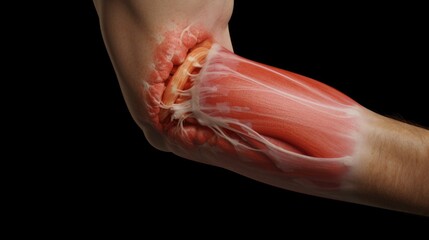 A close-up image of a man's hand with a piece of muscle on it. This picture can be used to depict strength, fitness, and the human body