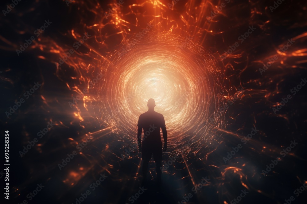 Poster a man is seen standing in a dark tunnel, with a glimmer of light at the end. this image can be used 