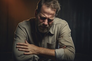 A man with a beard sitting down, his arms crossed. Suitable for business, casual or lifestyle concepts