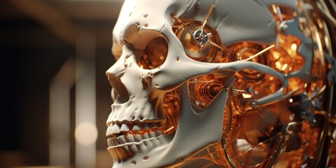 A close up of a skeleton head with intricate gears. Perfect for Halloween-themed designs or illustrations.