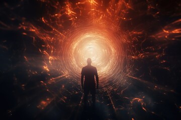 A man is seen standing in a dark tunnel, with a glimmer of light at the end. This image can be used...