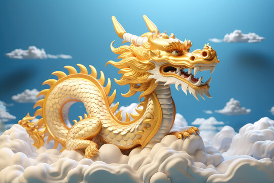 Cute cartoon Chinese dragon, happy lunar new year 2024 background