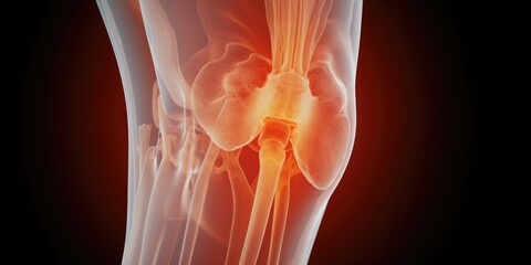 A detailed shot of a person's knee with a skeleton visible in the background. This image can be used to depict medical or anatomical concepts