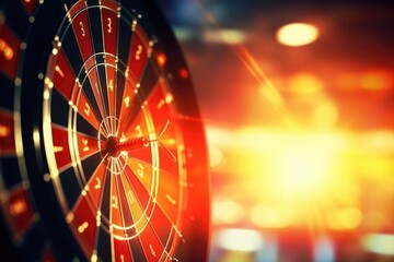 A close up view of a red and black dart board. This image can be used to illustrate the game of darts or to depict competition and accuracy