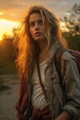 A woman with a backpack stands on a dirt road. This image can be used to depict adventure, travel, or exploration