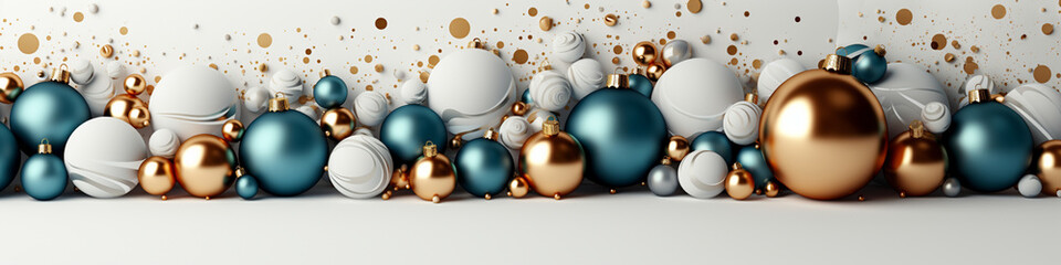 Modern Christmas Design: Close-up Illustration of Blue, White and Golden Christmas Balls with Glitter on White Background and Festive Frame.