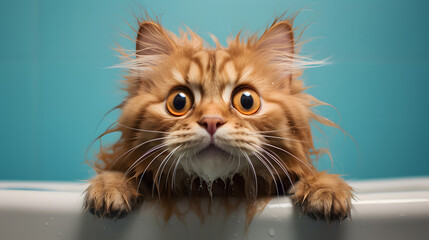 Fototapeta na wymiar Wet Cat Peeking Over Tub Edge with Dramatic Expression