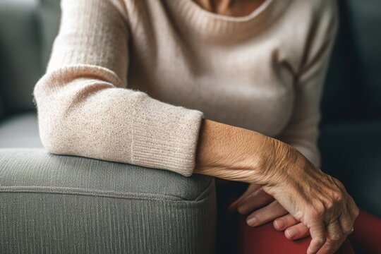 A woman sitting on a couch with her hand resting on the arm. This image can be used to depict relaxation, comfort, or a moment of reflection