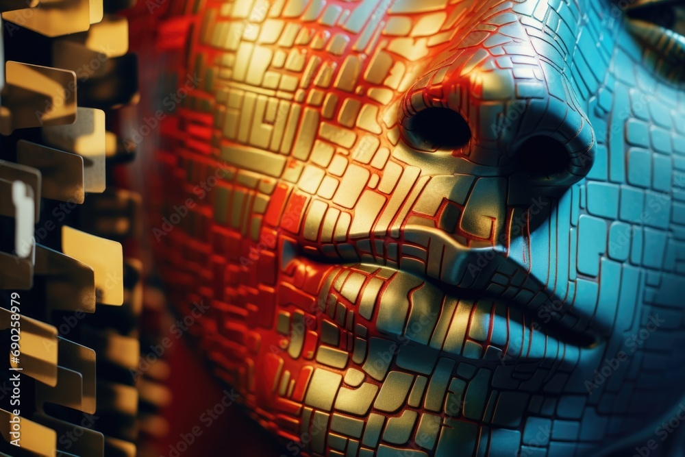 Poster A close up shot of a person's face with a computer keyboard in the background. This image can be used to depict concepts such as technology, work, communication, or online activities