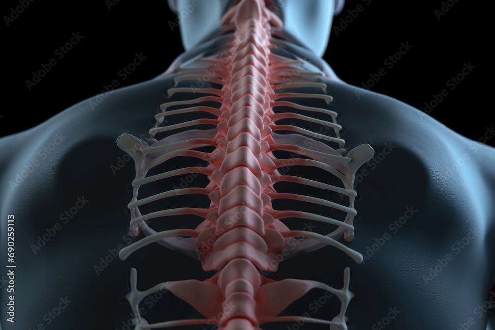 Poster A close-up view of the back of a man's skeleton, highlighting the red spine. This image can be used to illustrate anatomy, medical conditions, or as a visual aid for educational materials