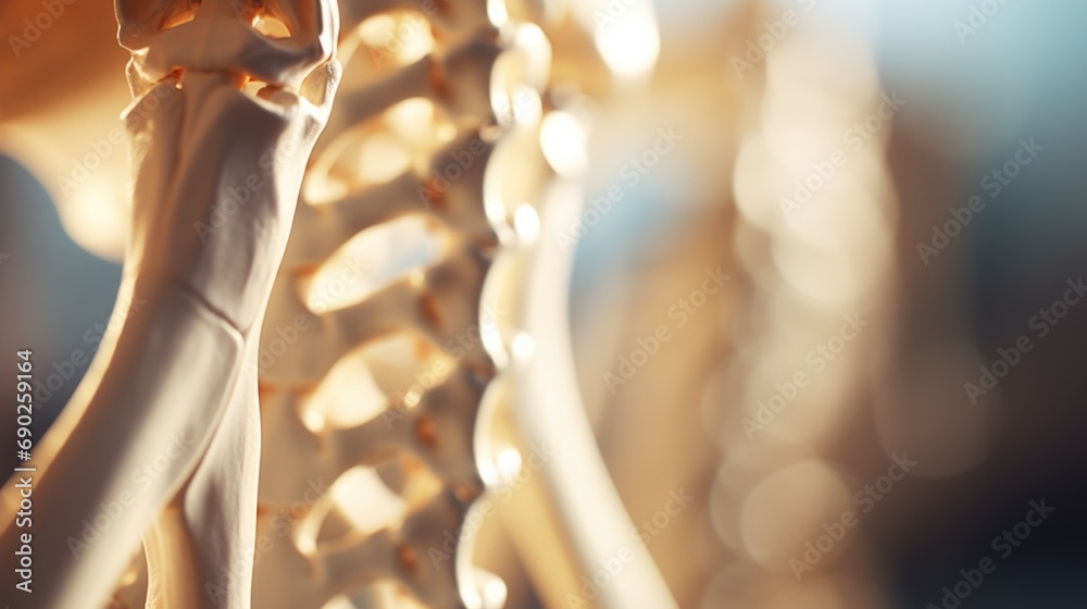 Poster a detailed view of a skeleton with a human body in the background. this image can be used for educat