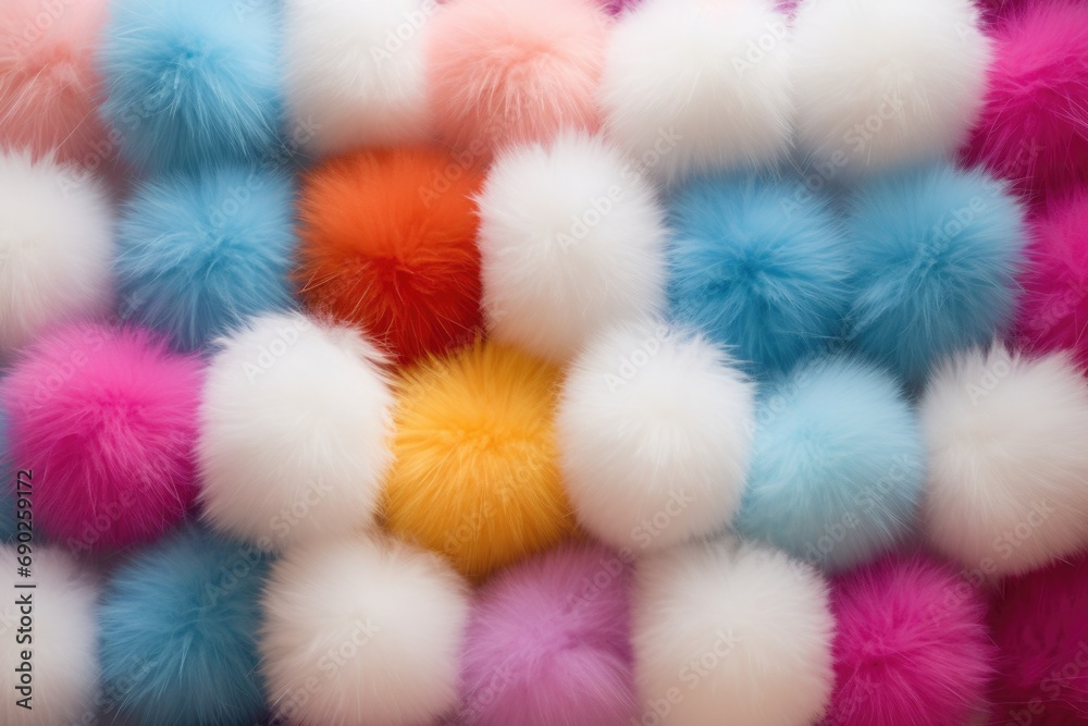 Poster A stack of multicolored pom poms arranged in a vibrant display. Perfect for adding a pop of color to any creative project or crafting activity