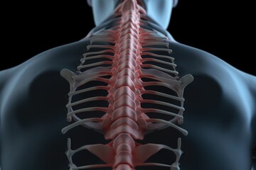 A close-up view of the back of a man's skeleton, highlighting the red spine. This image can be used to illustrate anatomy, medical conditions, or as a visual aid for educational materials