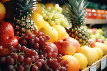 A variety of ripe and colorful fruits neatly arranged on a shelf in a store. Perfect for promoting healthy eating or showcasing fresh produce in a grocery store advertisement