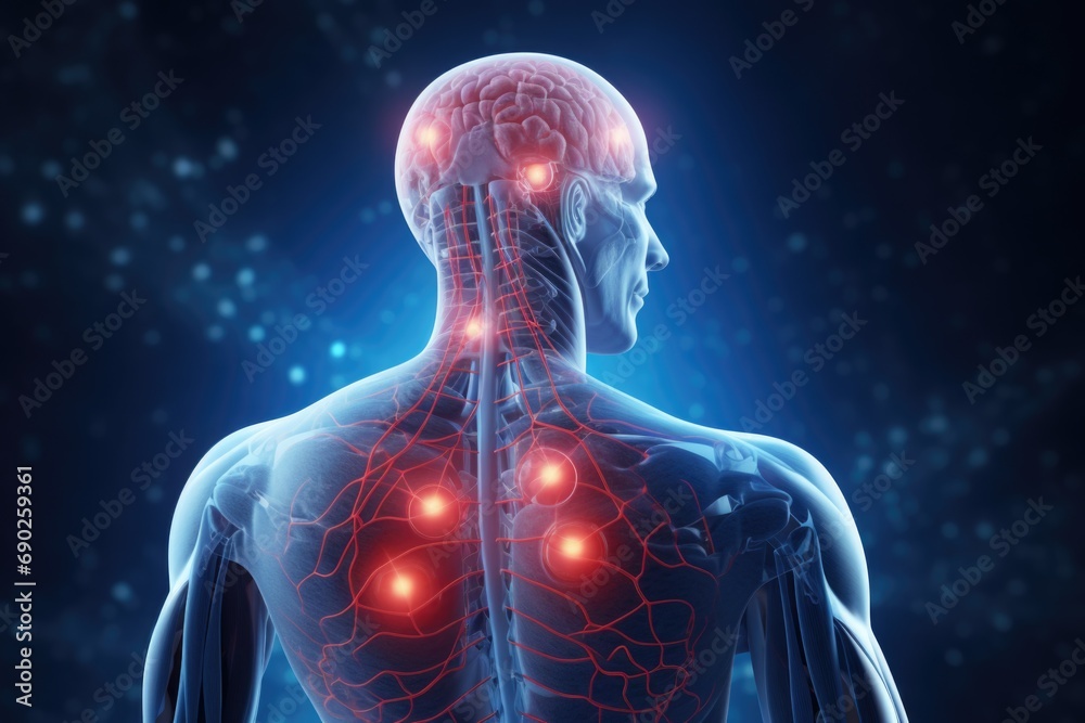 Poster a picture of a man's back with glowing red dots. perfect for medical or futuristic concepts
