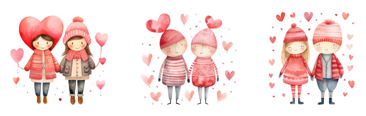 Set of Valentine's Day, romantic illustration featuring a cute hearts couple in boho style, smiling with vibrant watercolor hues isolated on PNG transparen background.