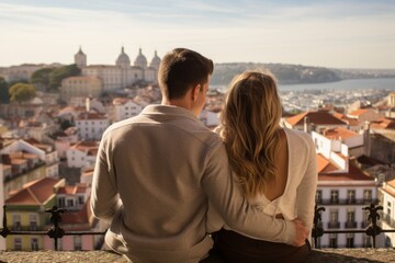 Fototapeta na wymiar Romantic Couple Overlooking Lisbon Skyline