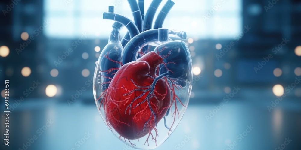 Poster a model of a human heart is displayed in a dark room. this image can be used to illustrate medical c