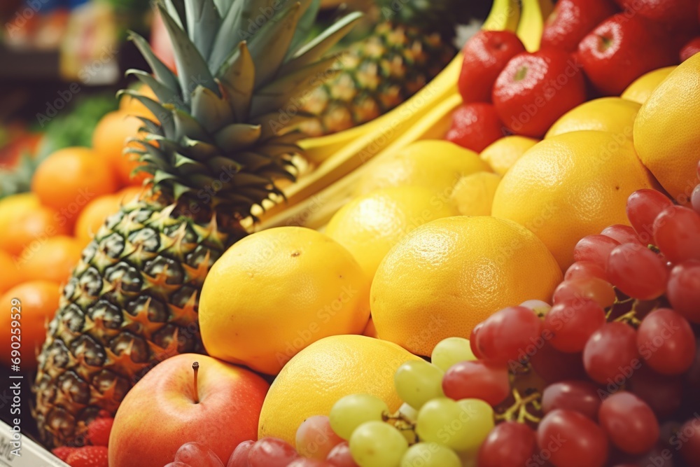 Poster a pile of fruit sitting on top of a table. suitable for various uses