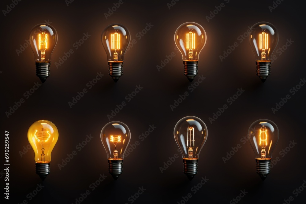 Poster a group of light bulbs sitting next to each other. perfect for illustrating concepts such as creativ