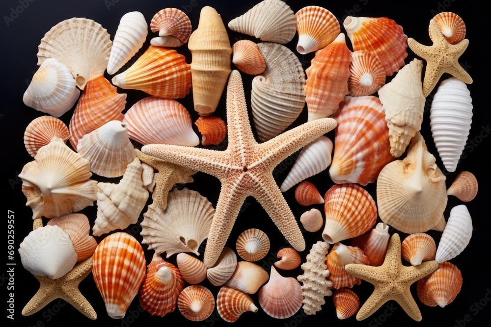 Poster a collection of sea shells and starfish arranged neatly on a black background. perfect for beach-the