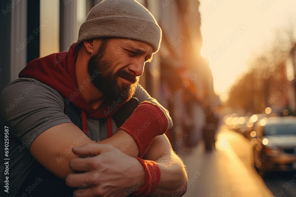 Poster a man with a beard leaning against a building. suitable for various commercial and editorial uses