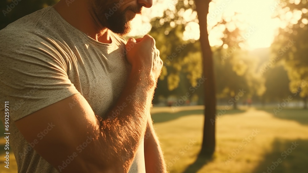 Poster a man with a beard standing in a park. suitable for various outdoor and nature-related concepts