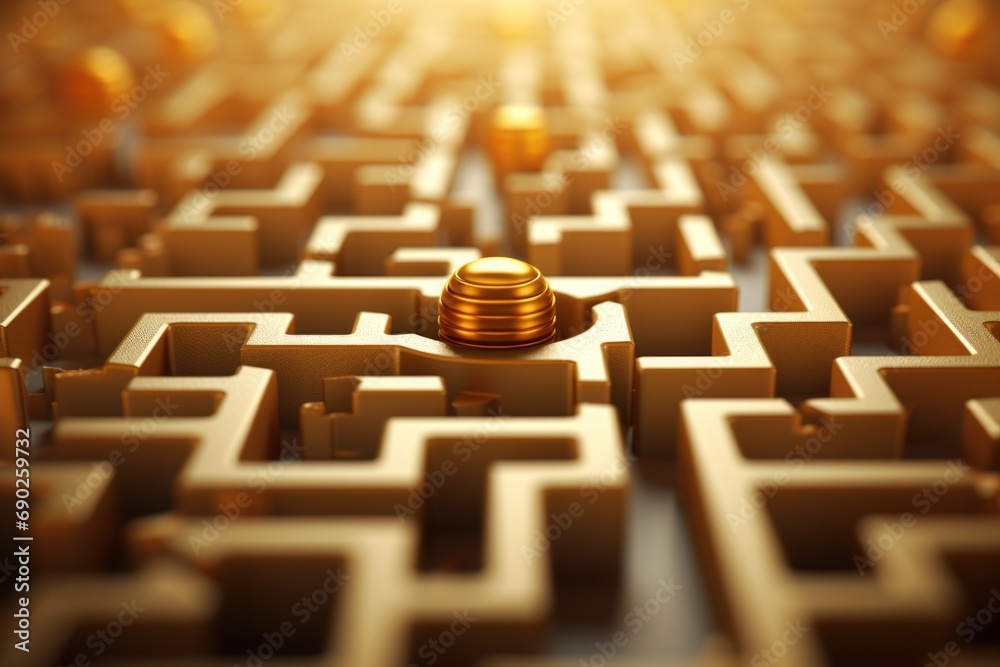 Poster A golden coin placed in the center of a complex maze. Can be used to symbolize success, challenges, or finding one's way through difficult situations