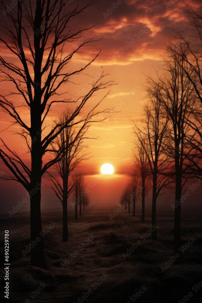 Poster the sun sets behind a line of bare trees. suitable for nature and landscape themes