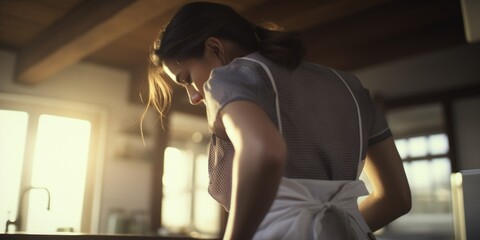 A woman wearing an apron stands in a kitchen - obrazy, fototapety, plakaty