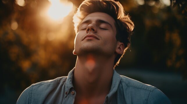 A man with his eyes closed, gazing upwards. Suitable for meditation and relaxation concepts
