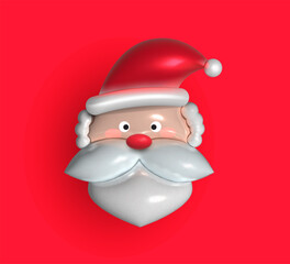 Christmas cute  Santa head with white beard and red nose on red background in hat. 3D realistic vector illustration EPS 10