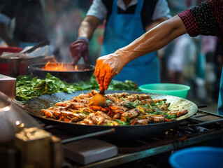 A street food vendor busy preparing delicious local dishes in a close-up shot.
