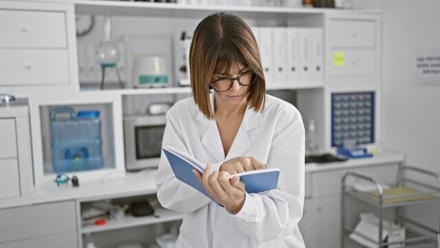 At the heart of science, young, beautiful hispanic woman scientist, relaxed yet concentrated, sitting at lab table, engrossed in a book's study, in the bustling center of medical breakthroughs