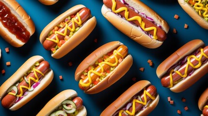 Hot dogs pattern. Hotdogs isolated on blue background.  Street food, snack, sausage, mustard, ketchup.