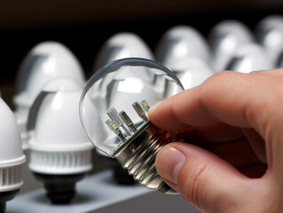 A detailed view of hands carefully installing an energy-efficient LED lightbulb.