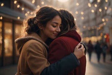 A young couple,female friends hug on a festive decorated city street. Love, Valentine's Day, Hug Day, family values, love, youth concepts. - obrazy, fototapety, plakaty