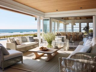 A beautiful coastal scene with charming beach houses exuding a relaxed and beachy atmosphere.