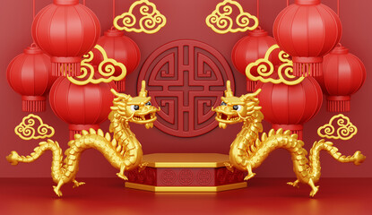 3d render of podium with golden dragons and lanterns for Happy Chinese new year 2024 of on red background.