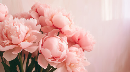 Bouquet of stylish peonies close-up. Pink peony flowers. Close-up of flower petals. Floral greeting card or wallpaper. Delicate abstract floral pastel background. Greeting card. Generated AI