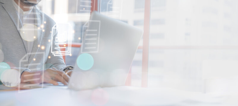 person use document  planning the business plans and analyse  profitability of working companies with digital augmented reality graphics for project manager working on laptop and update business plan