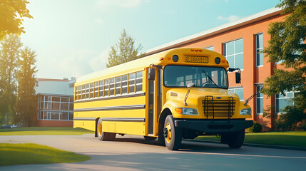 Classic yellow school bus parked in front of a suburban school with children boarding. - obrazy, fototapety, plakaty