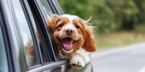 Happy dog with head out of the car window having fun. Travel with dog concept