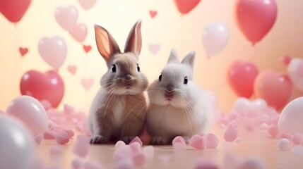 Naklejka na ściany i meble Portrait of a pair of bunny surrounded by heart-shaped balloons on Valentine's Day atmosphere background, background image, generative AI