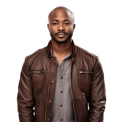 Obraz premium Badass Style: African American Handsome Man in Brown Leather Jacket, Isolated on Transparent Background - Edgy and Confident Fashion Portrait