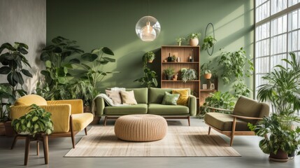 Interior of living room with green houseplants and sofas - obrazy, fototapety, plakaty