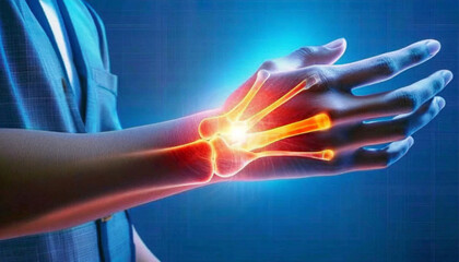 X-Ray Insight Visualizes Wrist Pain Symptoms in Detail, Pain Points Expose X-Ray Insight into Wrist Discomfort. Generative AI - obrazy, fototapety, plakaty