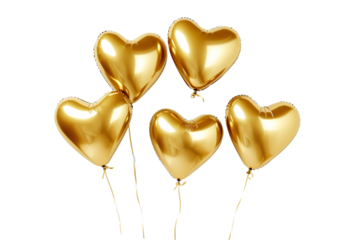 Gold flying glossy foil heart balloons, white background PNG