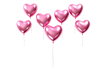 Pink flying glossy foil heart balloons, white background PNG
